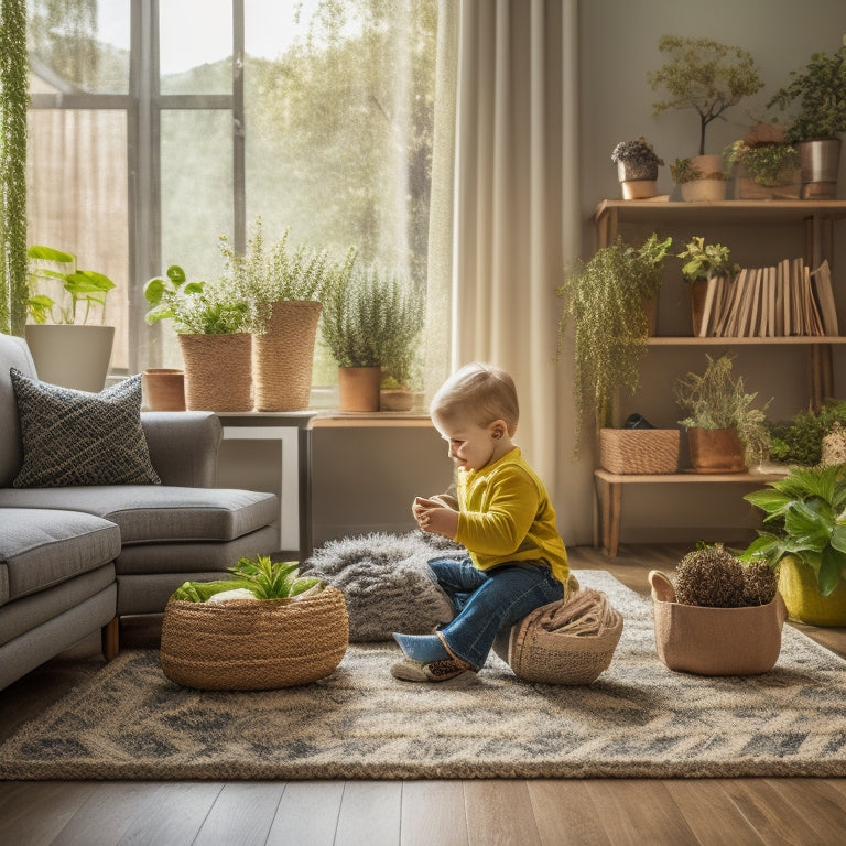 A serene living room with a few toys and books scattered around, a happy toddler playing on a rug made from natural fibers, surrounded by potted plants and a few earth-friendly cleaning products in the corner.