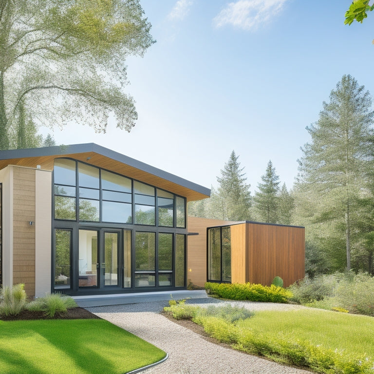 A modern, sleek, eco-friendly home exterior with large windows, solar panels, and a prominent LEED-certified front door made of sustainable wood, surrounded by lush greenery and a bright blue sky.