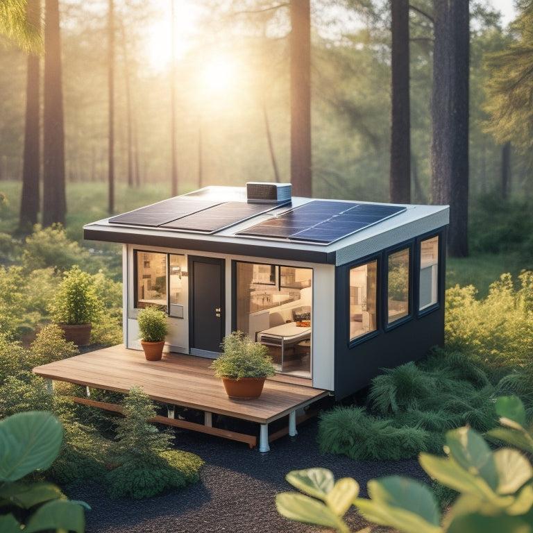 A miniature modern tiny home with solar panels on the roof, surrounded by lush greenery, featuring a smart thermostat, energy-efficient LED bulbs, and a compact power strip with USB ports.