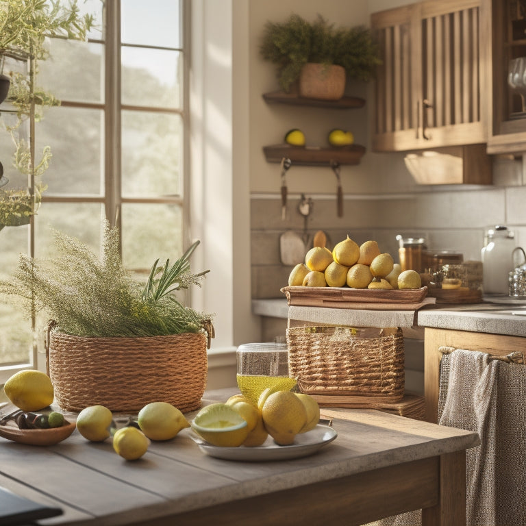A warm, sunlit kitchen with a wooden table and woven basket filled with fresh lemons, sprigs of rosemary, and a small bottle of white vinegar, surrounded by sparkling clean surfaces and a few strategically placed potted plants.