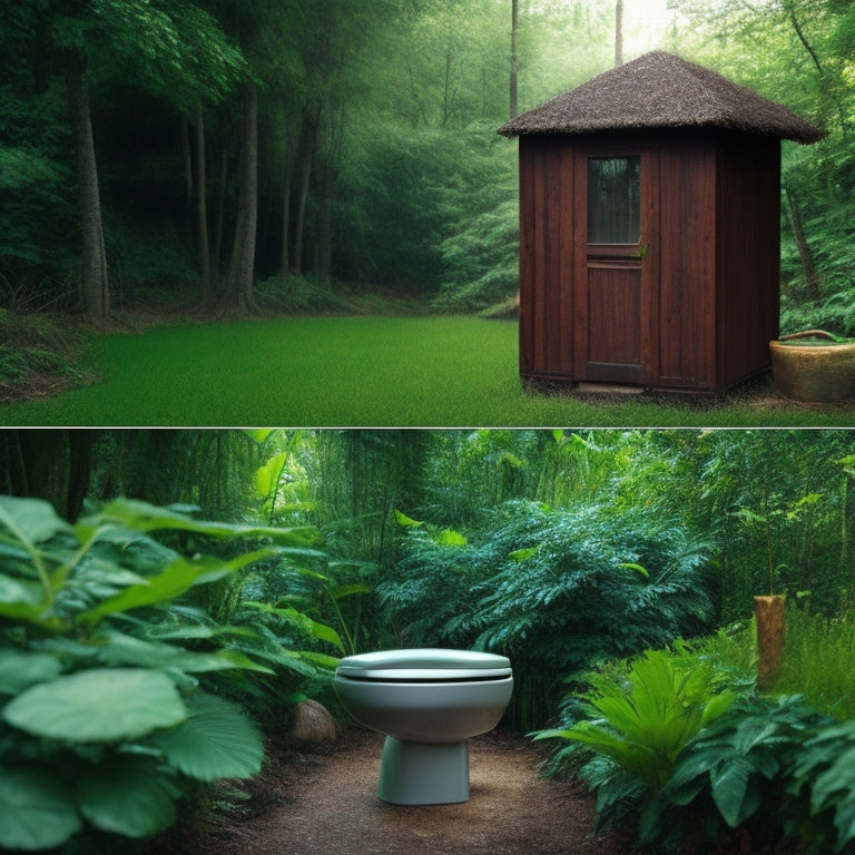 A split-screen comparison of a traditional toilet connected to a power-hungry sewage system versus a composting toilet surrounded by lush greenery and a small, energy-efficient panel.