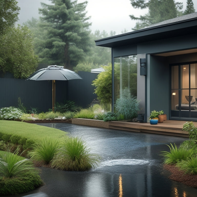 A serene backyard scene with a modern home, lush greenery, and a sleek rainwater collection system: a large tank, pipes, and a gutter system, amidst a gentle rainfall.