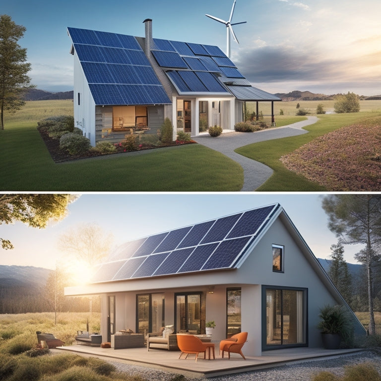 A split-screen illustration: a modern home with solar panels on the roof, connected to a grid-tied battery storage system on one side, and a secluded cabin with off-grid battery storage and a wind turbine on the other.