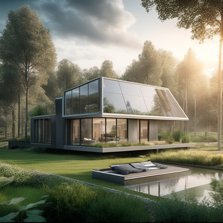 A futuristic, modern, sustainable home with large windows and solar panels, surrounded by lush greenery, with 3D modeling software and architectural plans visible on a tablet and laptop in the foreground.
