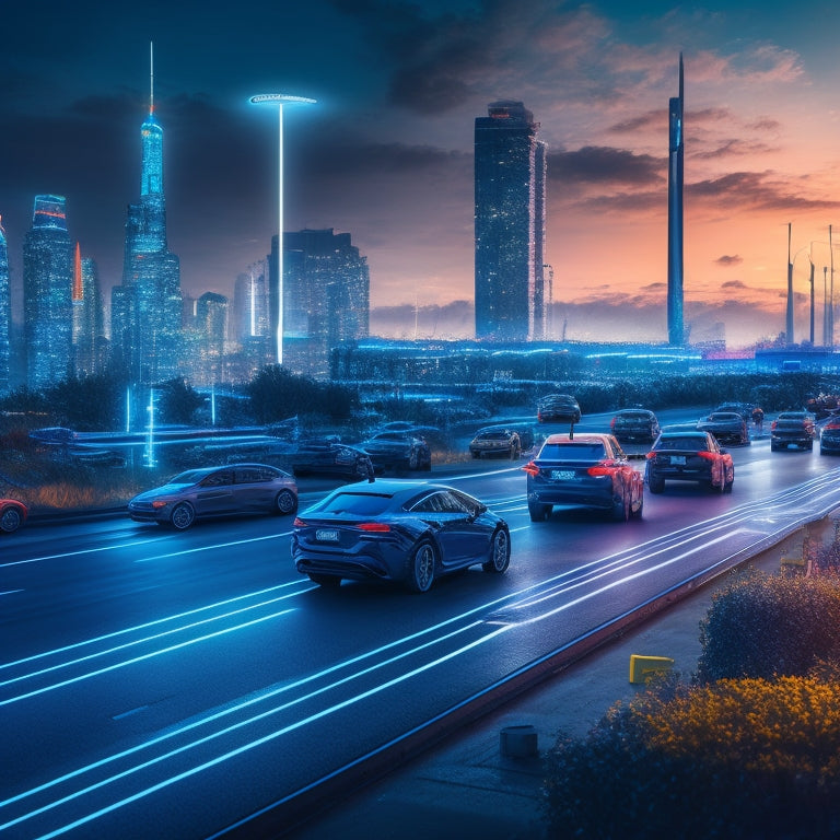 An illustration of a futuristic cityscape at dusk, with sleek electric vehicles parked alongside modern, glowing charging stations, amidst a network of pulsing, neon-blue circuits and wires.