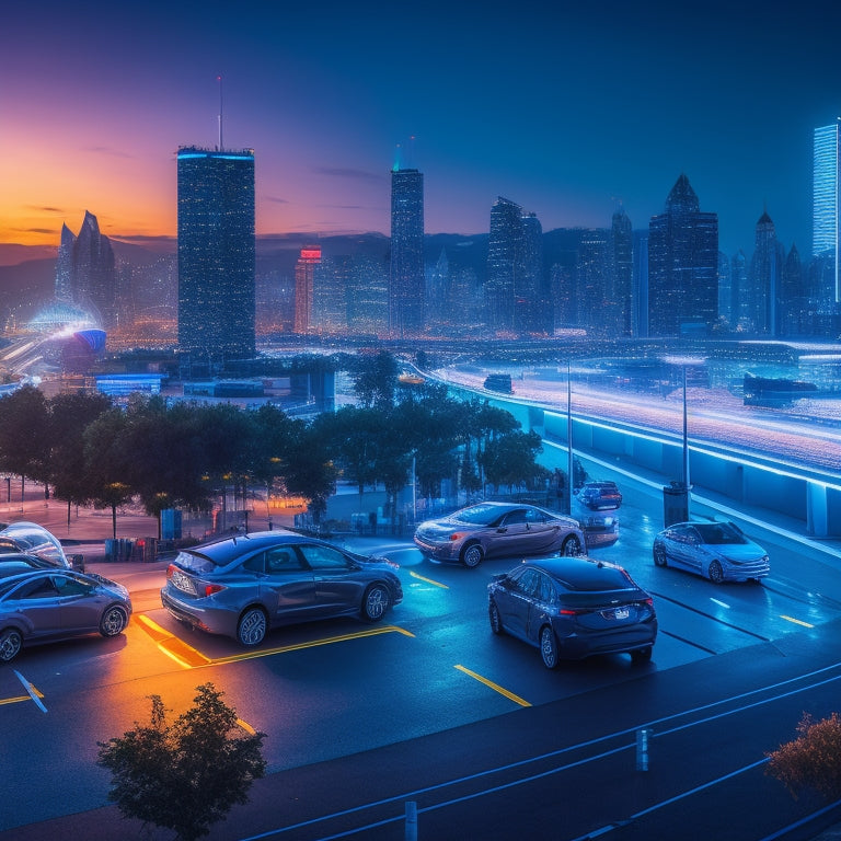 A futuristic cityscape at dusk with sleek, electric vehicles (EVs) parked at charging stations, illuminated by soft blue LED lights, amidst a network of interconnected data lines and graphs monitoring performance metrics.