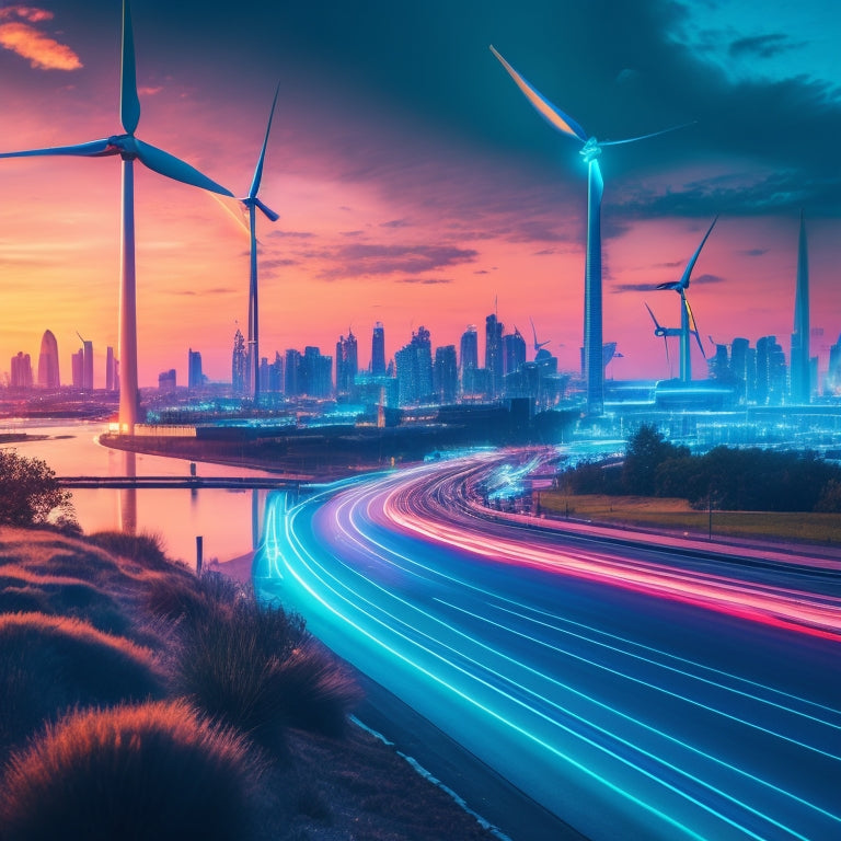 A futuristic cityscape at dusk with sleek, aerodynamic electric vehicles zipping by, their neon-lit wheels aglow, set against a backdrop of wind turbines and a radiant, sustainable energy-themed skyline.