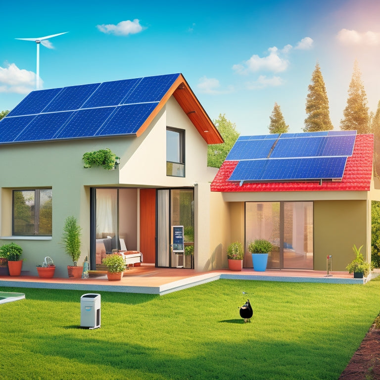 An illustration of a modern, eco-friendly home with solar panels on the roof, a green lawn, and a smart thermostat on the wall, surrounded by icons of energy-efficient appliances and a recycling bin.