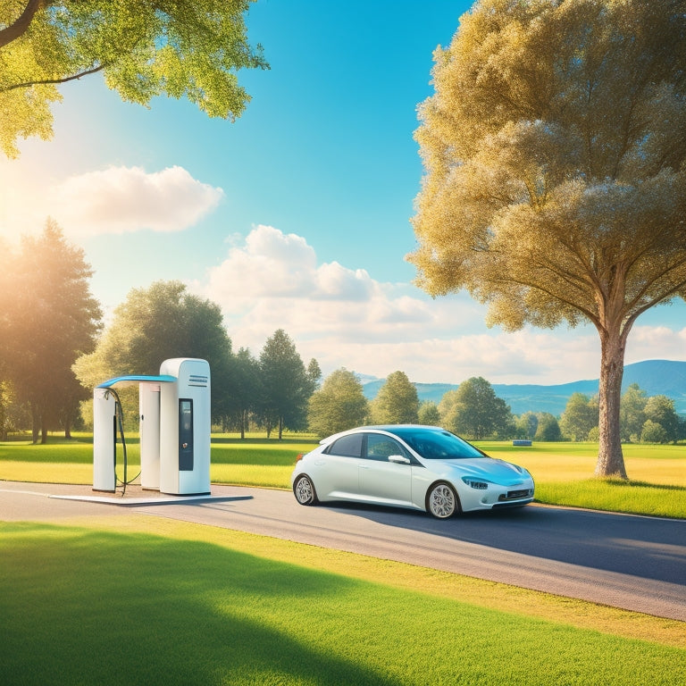 A serene, sunny landscape with a sleek, white electric vehicle parked beside a modern, silver solar EV charging station, surrounded by lush greenery and a subtle, gradient blue sky.