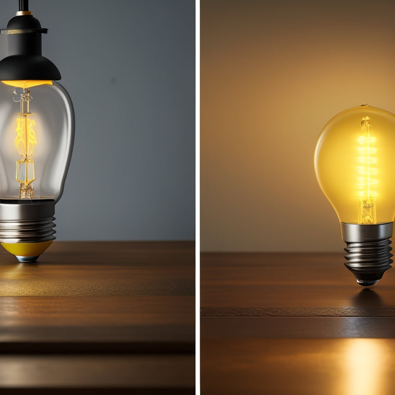 A split-screen image: a traditional incandescent bulb radiates warm, yellow light on a cluttered, dimly lit table, contrasted with a sleek, modern LED bulb shining bright, cool white light on a minimalist, eco-friendly background.