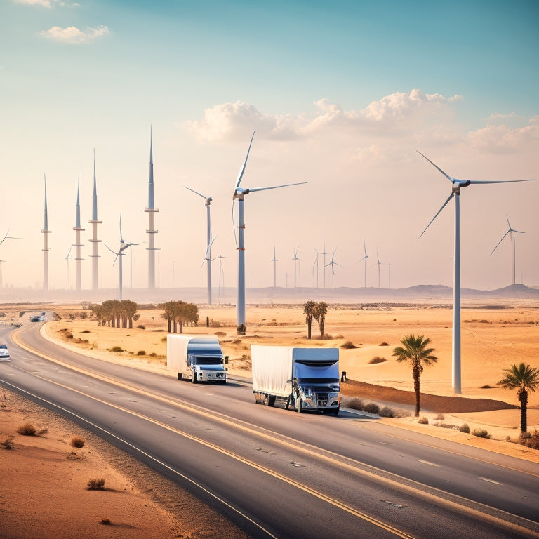A futuristic desert landscape with a convoy of sleek, electric commercial trucks driving along a highway lined with wind turbines and solar panels, with the Riyadh cityscape in the background.