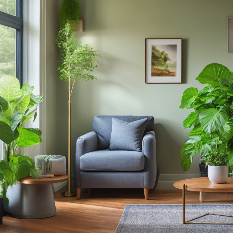 A serene living room with a lush green plant on a wooden side table, a sleek air purifier in the corner, and a smart thermostat on the wall, surrounded by natural light and a subtle greenery-inspired color scheme.