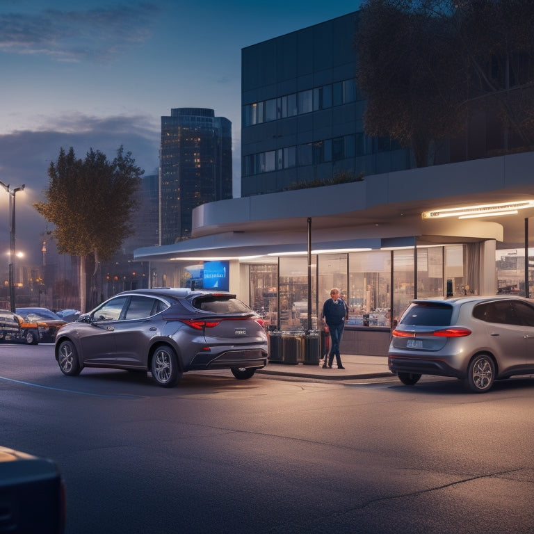 A dimly lit cityscape at dusk with a solitary electric vehicle charging at a curbside station, surrounded by traditional gas-guzzlers and skeptical pedestrians looking on with crossed arms.