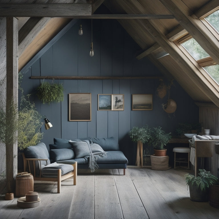 A serene, well-lit attic space with exposed wooden beams, filled with eco-friendly insulation materials like recycled denim or wool, surrounded by lush greenery and a faint earthy tone.