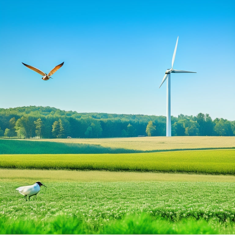 A serene suburban landscape with a modern, sleek wind turbine standing tall amidst lush greenery, its blades rotating slowly, surrounded by a few birds in flight, under a clear blue sky with scattered clouds.