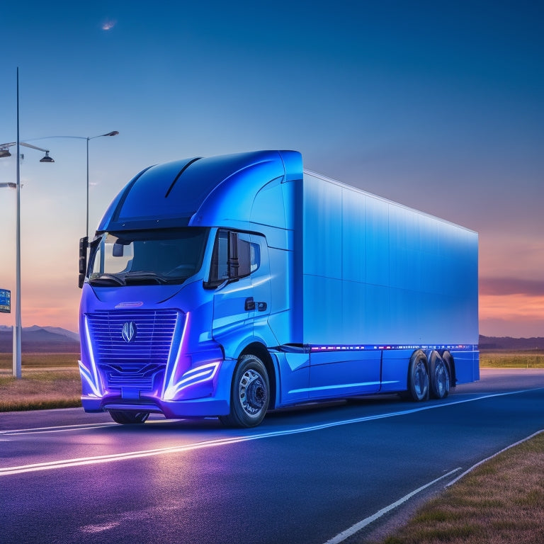 A futuristic, angular electric truck parked in front of a sleek, modern charging station with glowing blue lines and a large, curved solar panel array in the background.