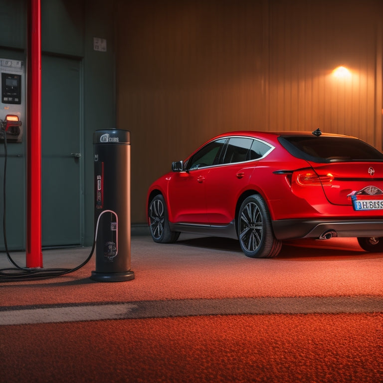 A darkened electric vehicle with a red "X" symbol overlaid on it, surrounded by empty battery icons and a faintly visible "0%" gauge in the background.