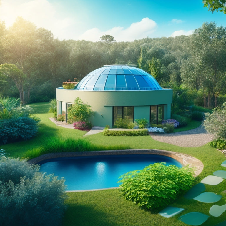 An illustration of a modern home surrounded by lush greenery, with a prominent rainwater harvesting system, including a large tank, pipes, and a flourishing garden, set against a bright blue sky.