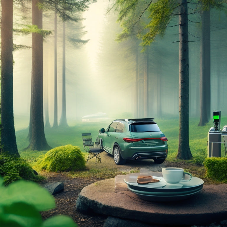 A serene, misty forest background with a subtle, shimmering green hue, featuring a sleek, silver electric car in the center, surrounded by eco-friendly vehicle accessories, such as a solar panel roof, a bike rack, and a reusable coffee cup holder.
