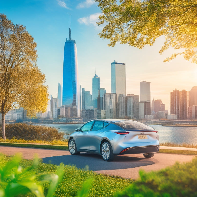 A sleek, silver pre-owned electric vehicle parked in front of a modern, eco-friendly cityscape, surrounded by lush greenery, with a subtle gradient of blue and green hues in the background.