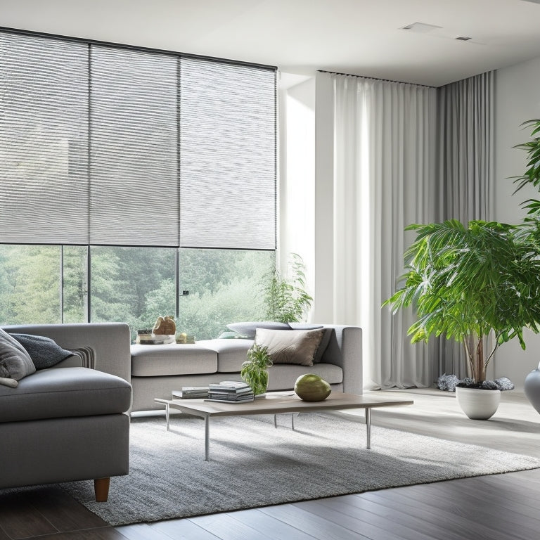 A modern, minimalist living room with automated blinds in a light gray tone, partially closed to filter natural light, surrounded by lush greenery and sleek, energy-efficient appliances.