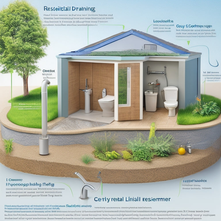 Illustrate a schematic diagram of a residential greywater system, showcasing a bathroom sink draining into a pipe that splits into three branches, each feeding a garden bed, toilet, and washing machine.