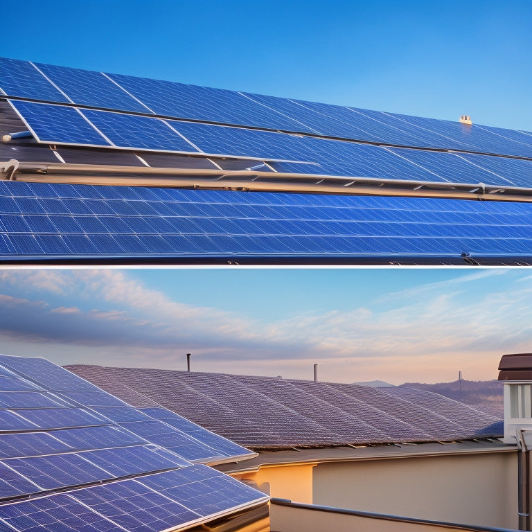 An image of a sleek, modern solar panel array mounted on a rooftop, with a split-screen comparison of a flush-mounted system alongside a rail-mounted system, showcasing different installation styles.