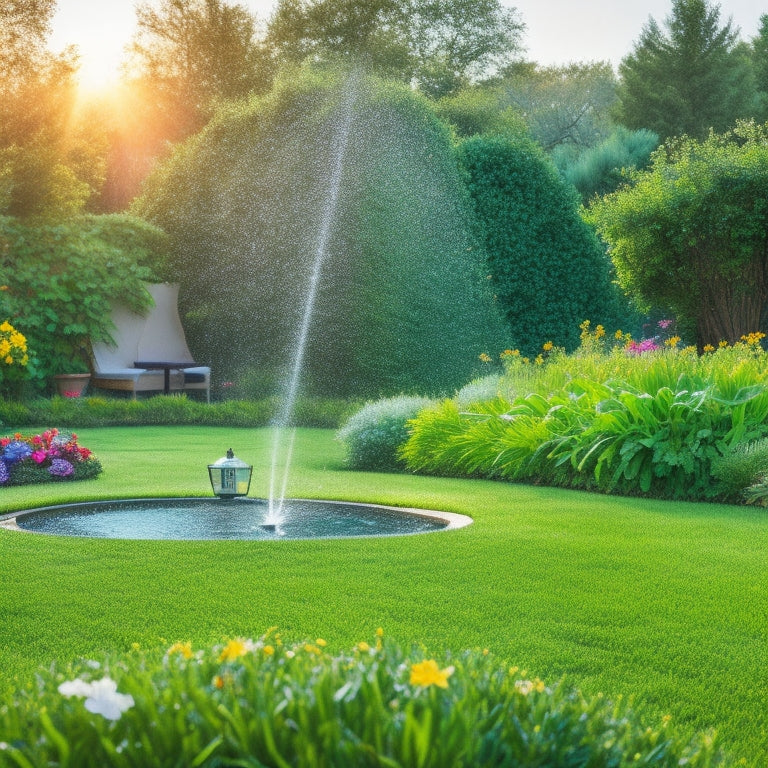 A serene backyard scene with a lush green lawn, vibrant flowers, and a few IoT sprinklers scattered around, with water droplets suspended in mid-air, surrounded by a subtle aura of blue and green hues.