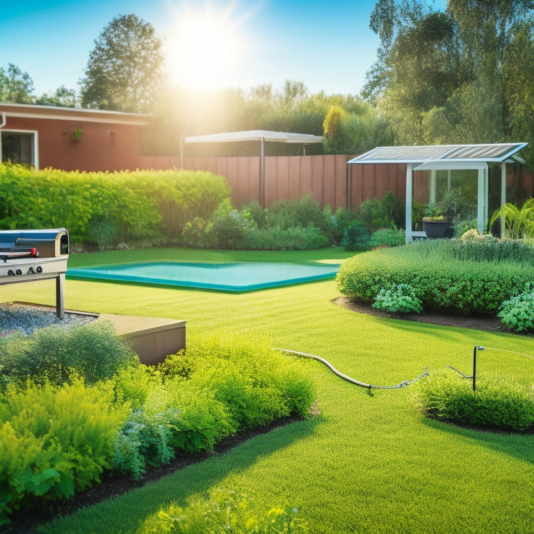 A serene green backyard with lush vegetation, featuring a modern smart irrigation controller, solar panels, and a network of thin tubes and micro-sprinklers watering various plants and flowers.
