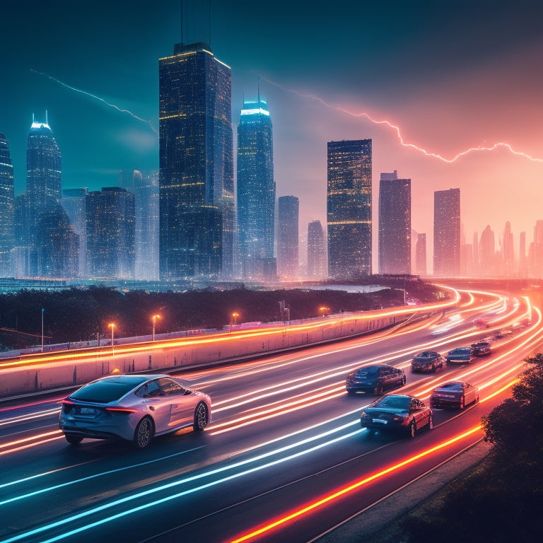 A futuristic cityscape at dusk with sleek, electric vehicles zooming by, amidst neon-lit skyscrapers and a giant, glowing Envato Market logo in the sky, surrounded by circuit board patterns.