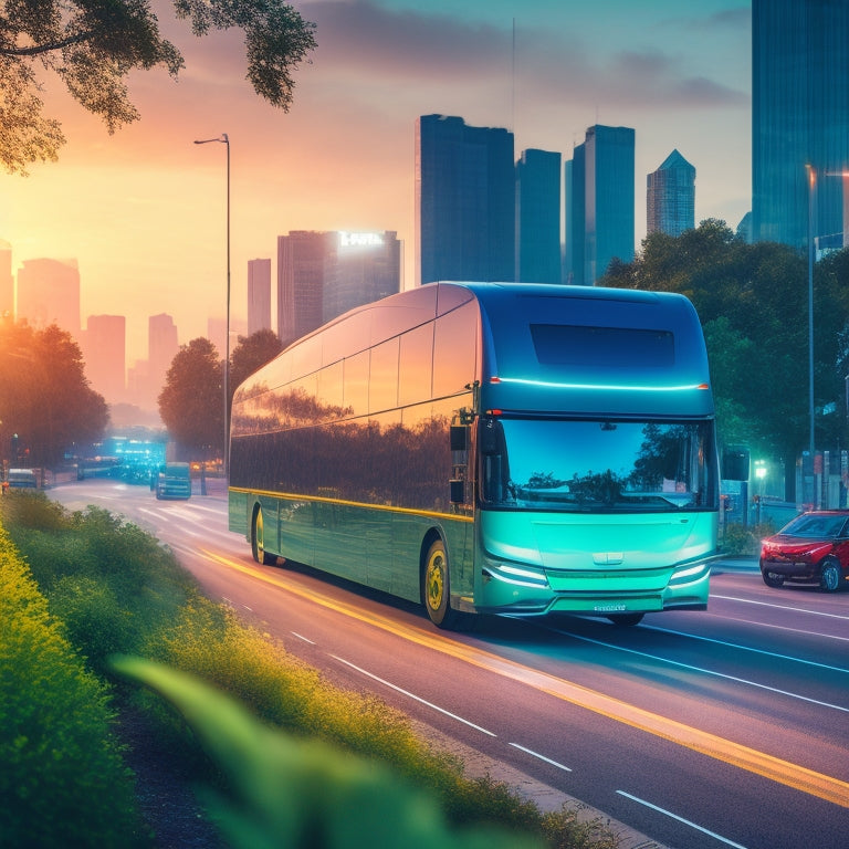 A futuristic cityscape at dusk with sleek, electric commercial vehicles, including trucks, buses, and vans, zipping by, surrounded by vibrant greenery, with a blurred blur of motion lines.