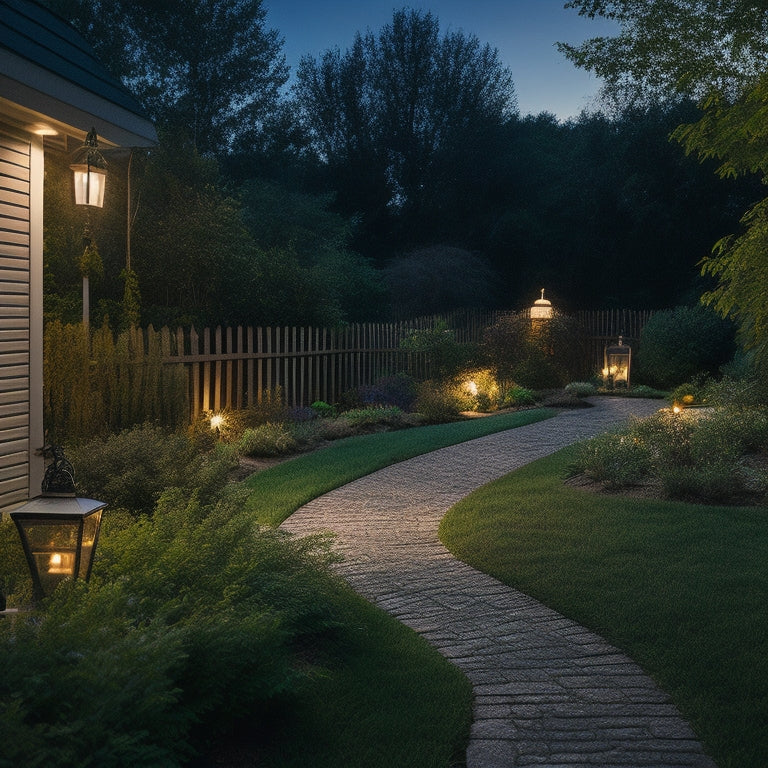 A serene suburban backyard at dusk, with solar-powered string lights draped across a wooden fence, lanterns lining a stone patio, and pathway lights illuminating a winding garden path.
