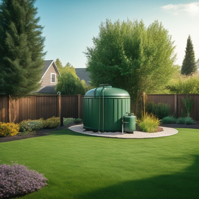 A serene suburban backyard with a lush green lawn, featuring a sleek, modern rainwater collection system with a large cylindrical tank, pipes, and a smart sensor connected to a smartphone.