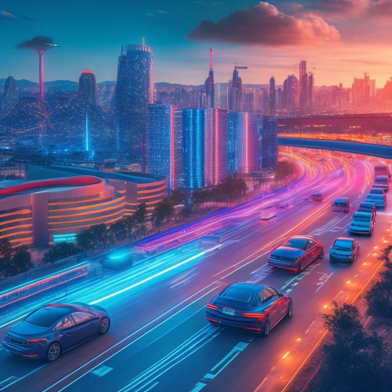 An illustration of a futuristic cityscape with sleek, electric vehicles of varying sizes and shapes, charging stations, and a vibrant, glowing grid of connected energy lines.