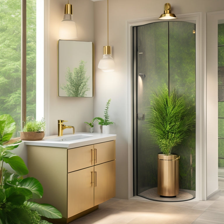A modern, sleek bathroom with a wall-mounted tankless water heater in the background, surrounded by lush greenery, with a subtle steam mist effect and a warm, golden lighting ambiance.