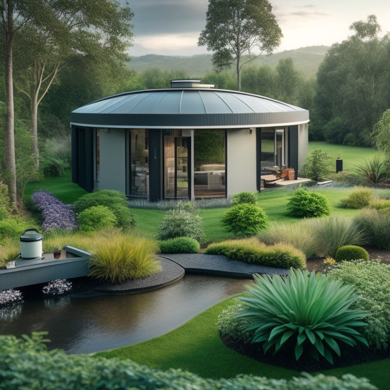 A serene, modern home surrounded by lush greenery, with a sleek rainwater harvesting system visible on the rooftop, featuring a large storage tank and pipes connecting to a garden and toilet.