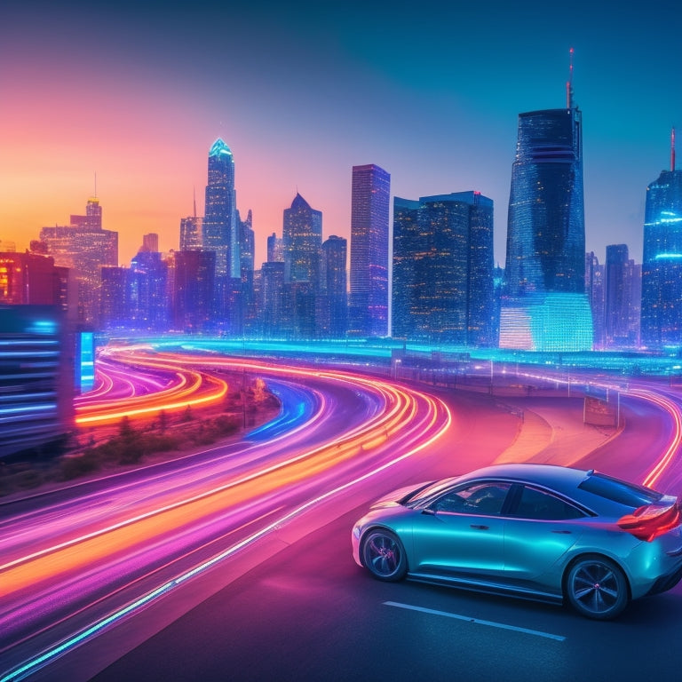 A futuristic cityscape at dusk with sleek, electric vehicles zooming by, surrounded by neon-lit skyscrapers and a giant, glowing stock market graph hovering above the city, with electric circuits and wires visible beneath.