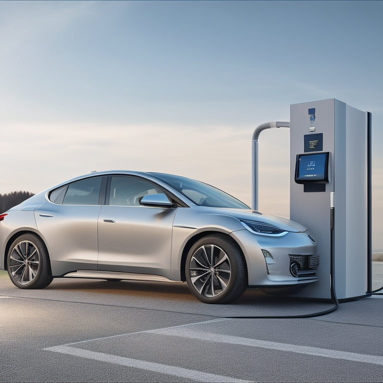 An illustration of a sleek, silver electric vehicle parked in front of a modern, minimalist charging station, with glowing blue accents and cables, set against a clean, white background.