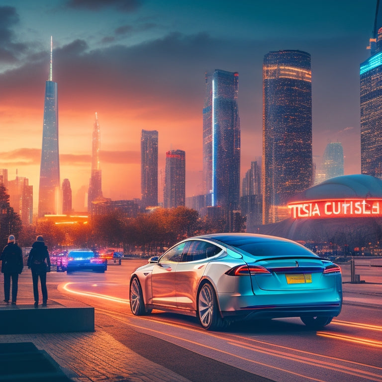 A futuristic cityscape at dusk with sleek, silver Tesla cars zooming by, surrounded by neon-lit skyscrapers and electric charging stations, with a giant Tesla logo hovering above the city.