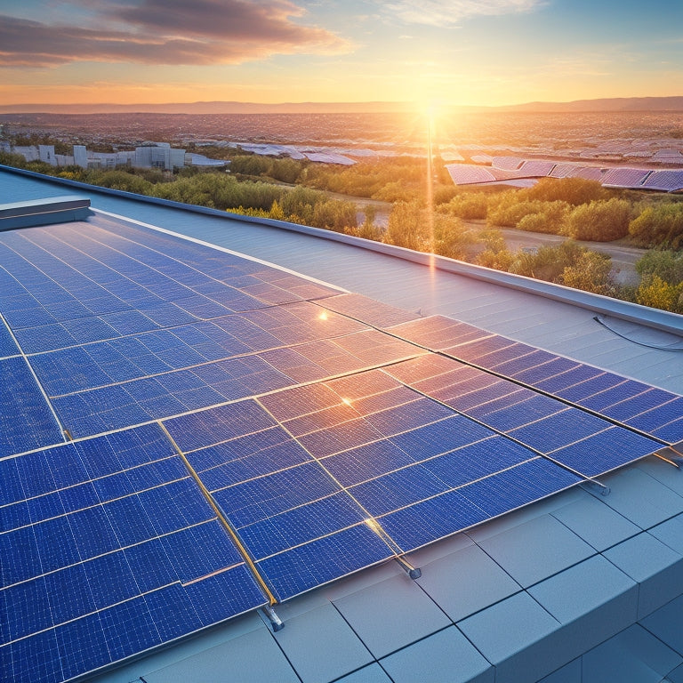 An illustration of a modern rooftop with multiple solar panels at different angles, surrounded by a subtle grid pattern, with sunbeams and shadows highlighting optimal positioning for energy harvesting.