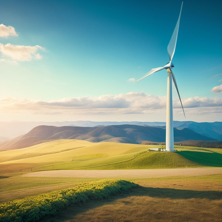 Illustrate a futuristic, serene landscape with a wind turbine standing tall amidst a sprawling solar panel farm, surrounded by rolling hills and a clear blue sky with a few wispy clouds.