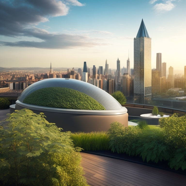 An illustration of a modern rooftop with a sleek, curved gutter system, downspout filters, and a large, translucent rainwater harvesting tank, surrounded by lush greenery and a cityscape in the background.
