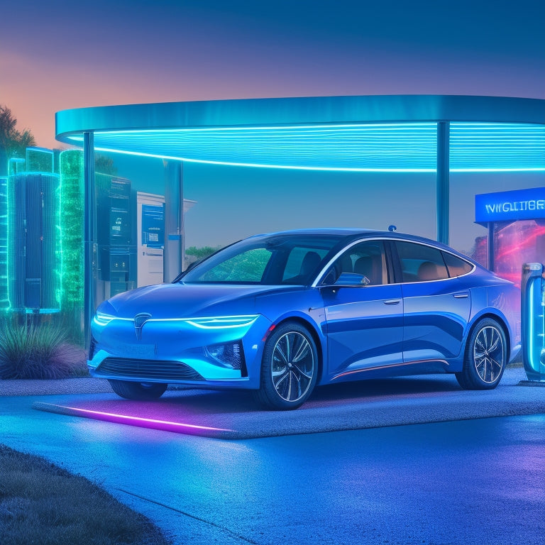 An illustration of a sleek, modern electric vehicle parked in front of a futuristic, glowing charging station, surrounded by circuit boards, batteries, and plugs, with glowing blue lines and arcs.