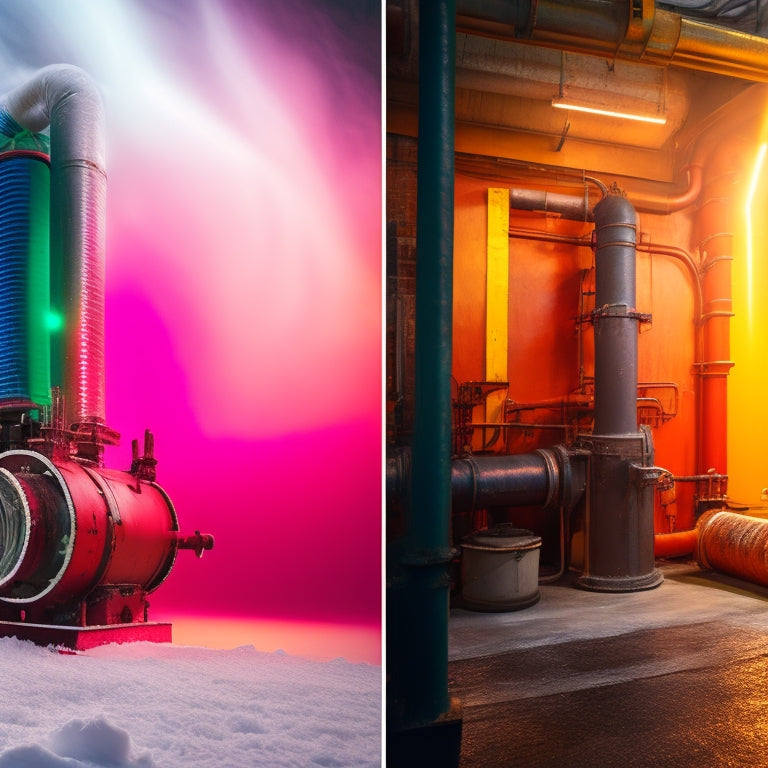 A split-screen image: on the left, a steam pipe with frosty condensation, surrounded by cold, dark industrial machinery; on the right, the same pipe wrapped in bright, colorful insulation, amidst a warm, well-lit background.