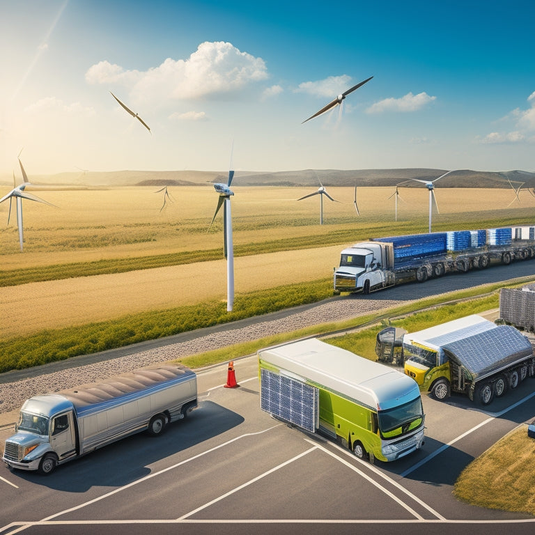 An illustration depicting a fleet of vehicles, including trucks, buses, and vans, surrounded by renewable energy sources such as wind turbines, solar panels, and biofuel crops.