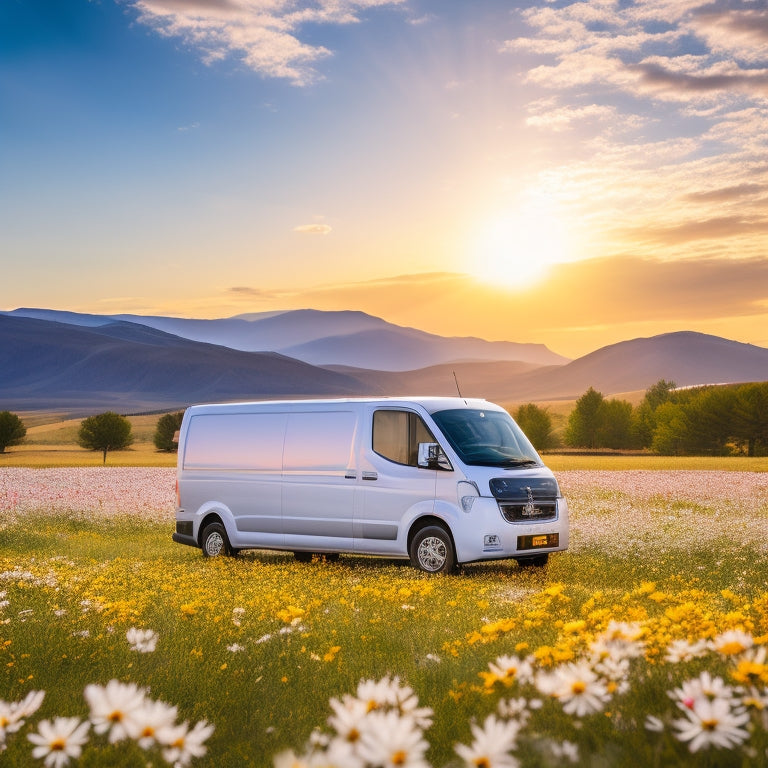 A serene landscape with a sleek, white electric van parked under a vibrant, sun-drenched sky, surrounded by blooming wildflowers, with a subtle, curved solar panel array in the background.