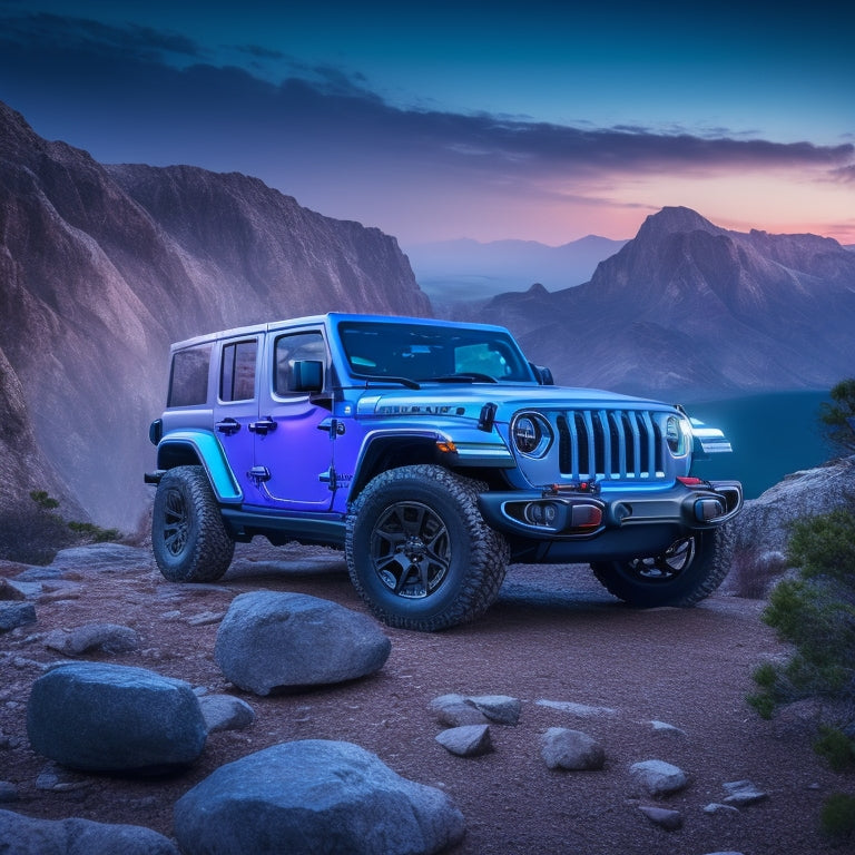A futuristic, sleek, electric Jeep Wrangler concept vehicle parked on a rugged, rocky cliff overlooking a vast, misty valley, with a subtle, glowing blue aura surrounding the vehicle.