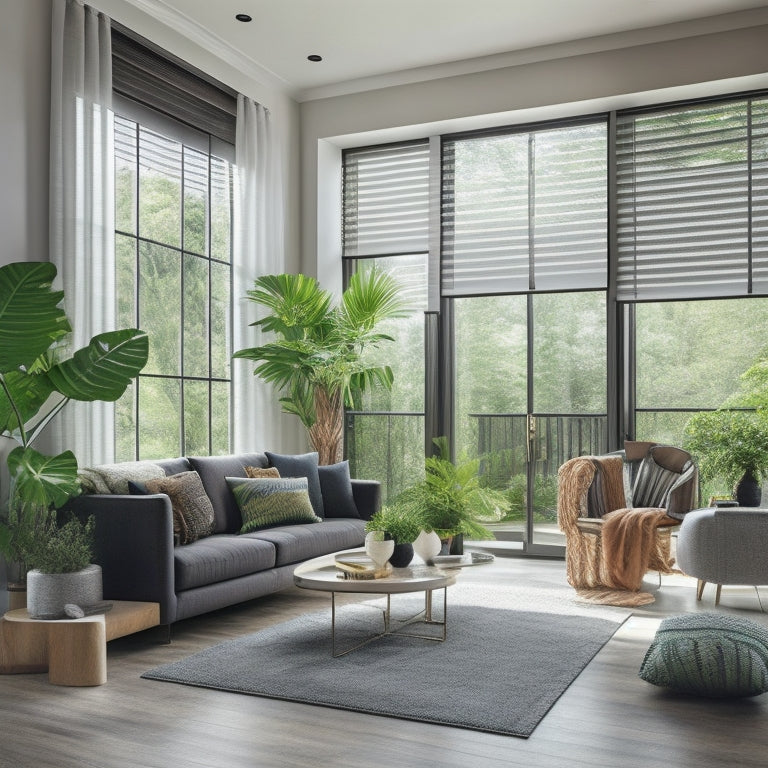 A modern, eco-friendly living room with floor-to-ceiling windows, featuring a combination of solar shades, cellular shades, and plantation shutters, surrounded by lush greenery and natural light.