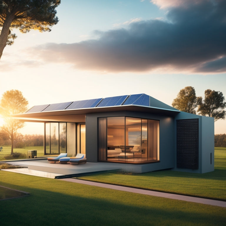 A futuristic home with rooftop solar panels, exterior battery units, and a sleek, minimalist interior with a large digital display showcasing energy storage and consumption metrics.
