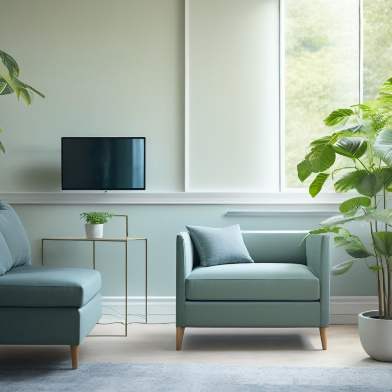 A serene, minimalist living room with lush greenery, a sleek clean-air monitor on a side table, and a subtle background gradient transitioning from soft blue to pale green, evoking a sense of freshness and tranquility.